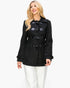 A blonde model wearing a black Beach Rose Co. mid-length peacoat with toggle button closures and side pockets.