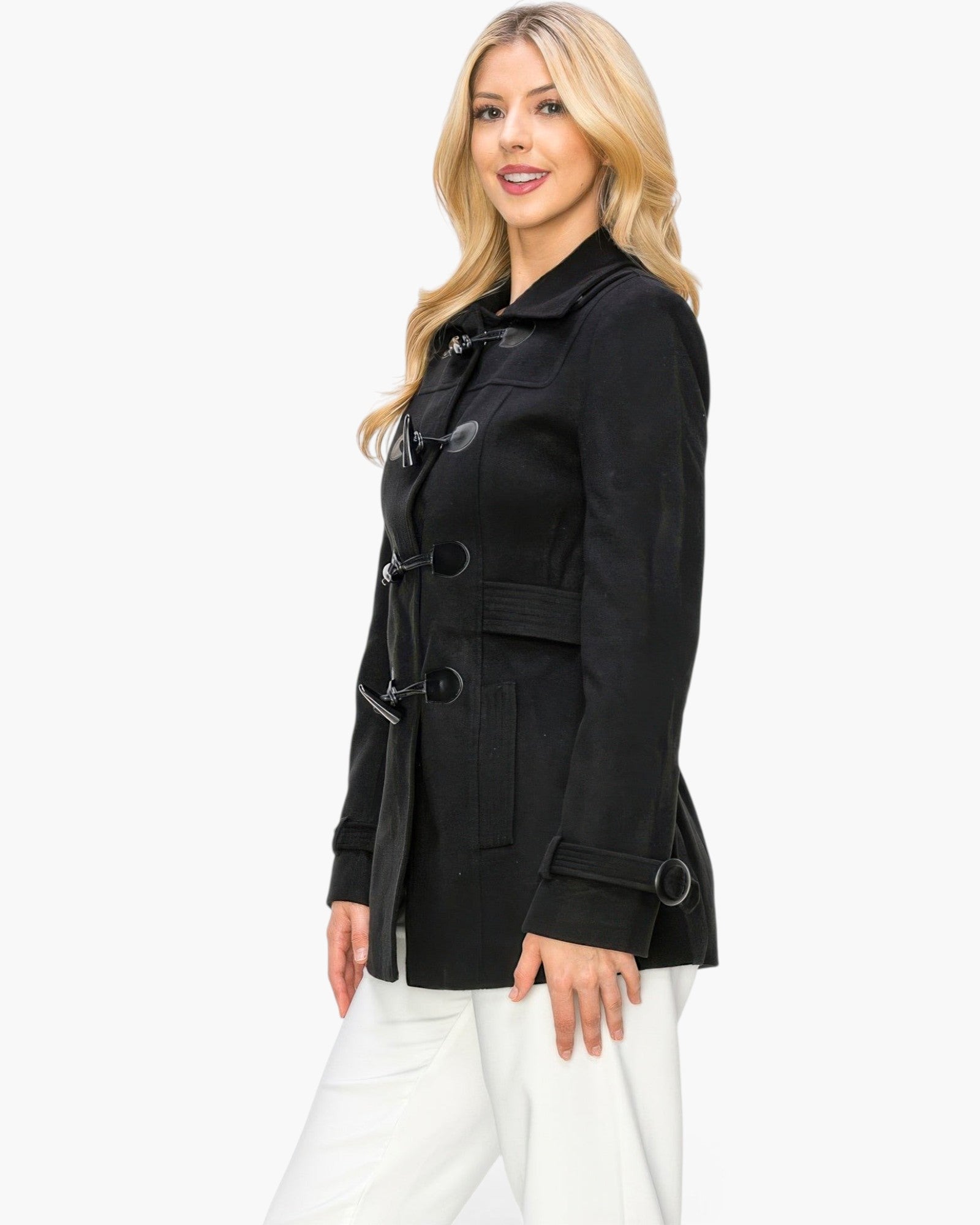 Beach Rose Co. black mid-length peacoat with toggle button closures and side pockets worn by a blonde model