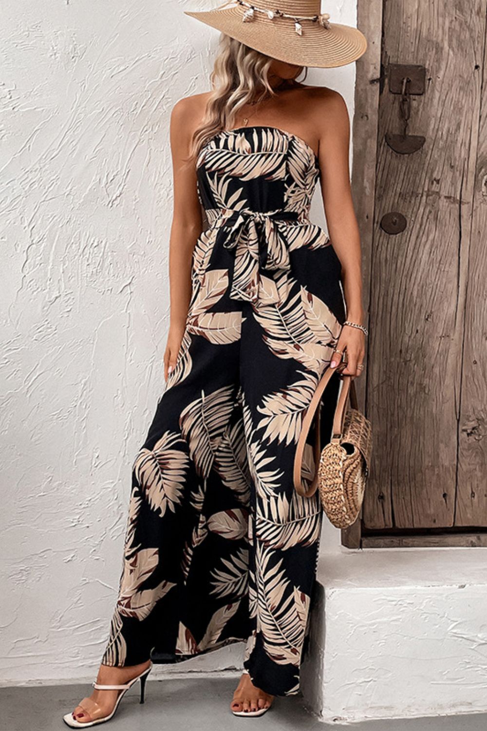 Beach Rose Co. - Black Tropical Print Strapless Wide Leg Jumpsuit with Pockets