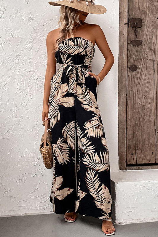 Beach Rose Co. - Black Tropical Print Strapless Wide Leg Jumpsuit with Pockets