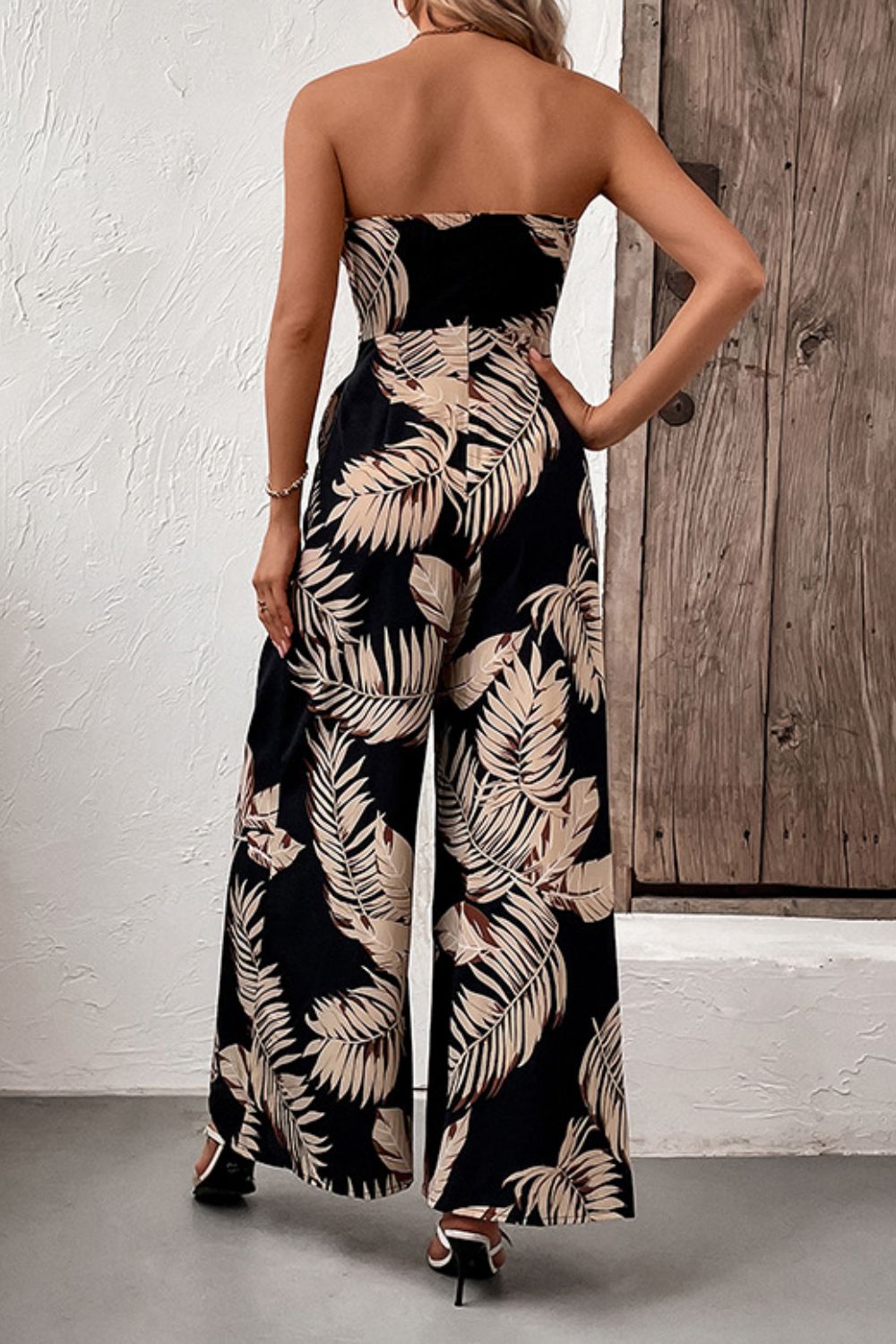 Beach Rose Co. - Black Tropical Print Strapless Wide Leg Jumpsuit with Pockets