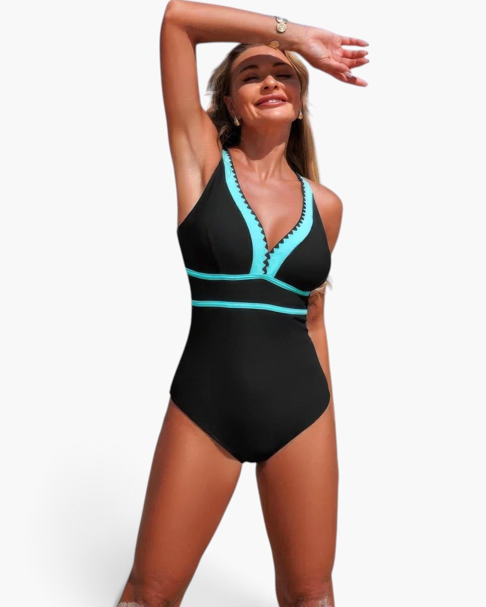 Beach Rose Co. black and turquoise color block V-neck one-piece swimsuit with stretch fabric on a smiling model.