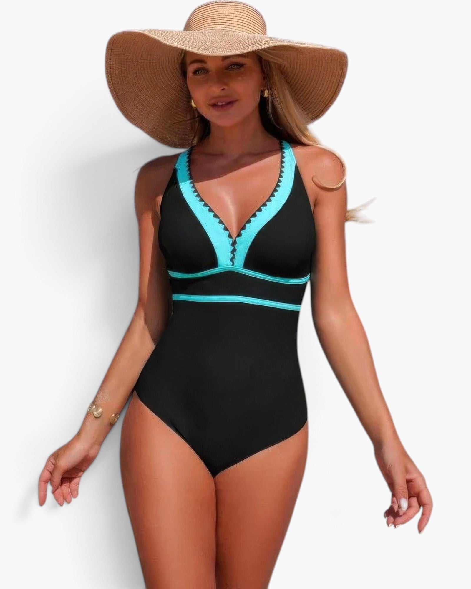 Beach Rose Co. one-piece swimsuit in black and turquoise with a V-neckline, worn by a model with a sun hat.