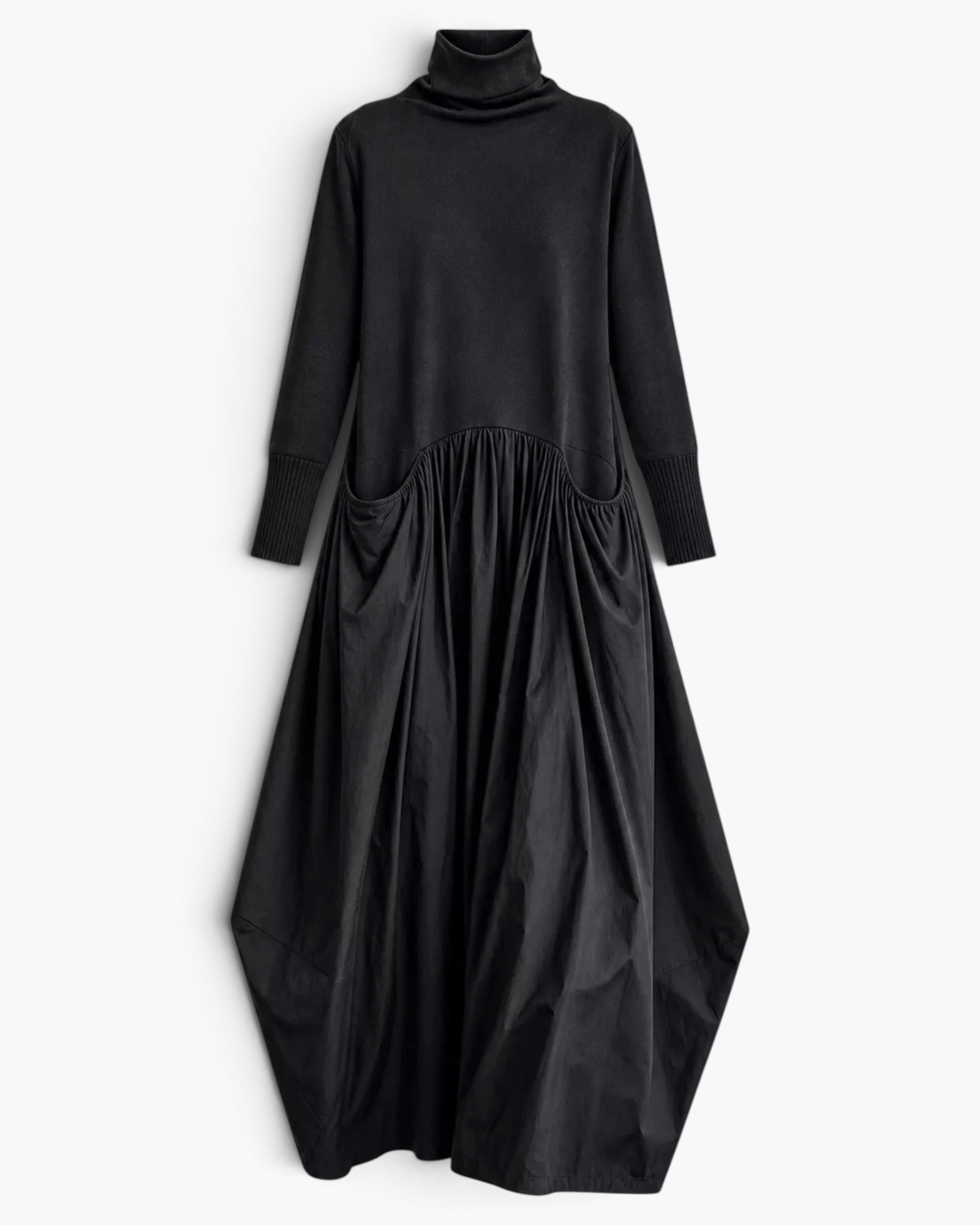 Beach Rose Co. black turtleneck maxi dress with a sweater bodice, gathered skirt, and sculptural balloon hem.