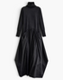 Beach Rose Co. black turtleneck maxi dress with a sweater bodice, gathered skirt, and sculptural balloon hem.