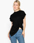 Beach Rose Co. black batwing sleeve tee with a twist front detail worn by a blonde model with blue jeans