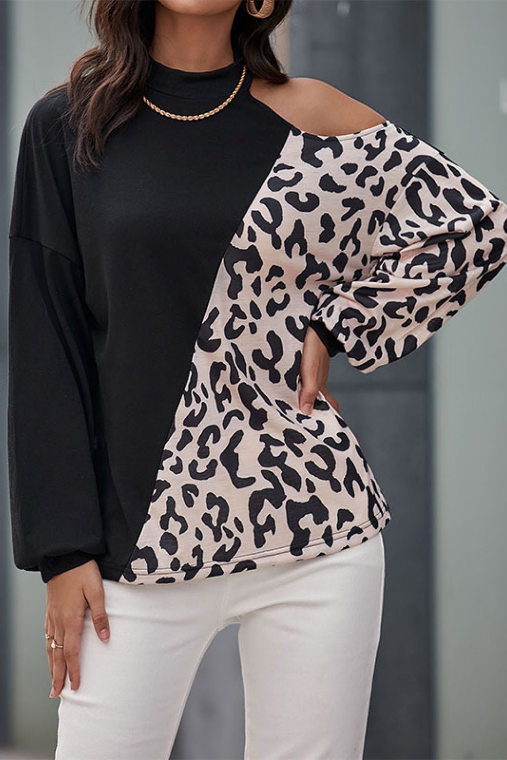 Beach Rose Co. - Black Two - Tone Leopard Cold Shoulder Top