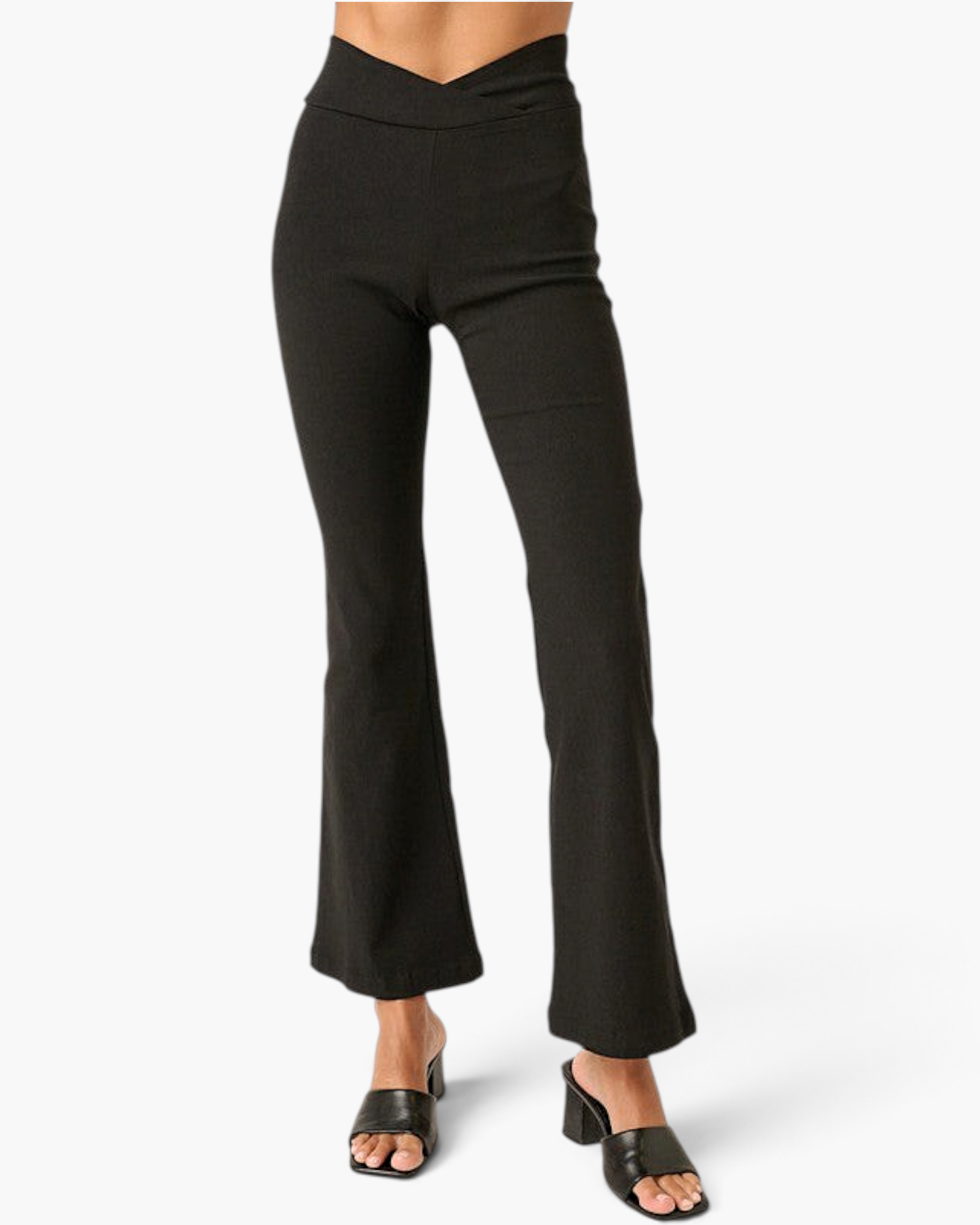 Beach Rose Co. black high-rise flare pants with a flattering crossover V-waist and fitted silhouette.