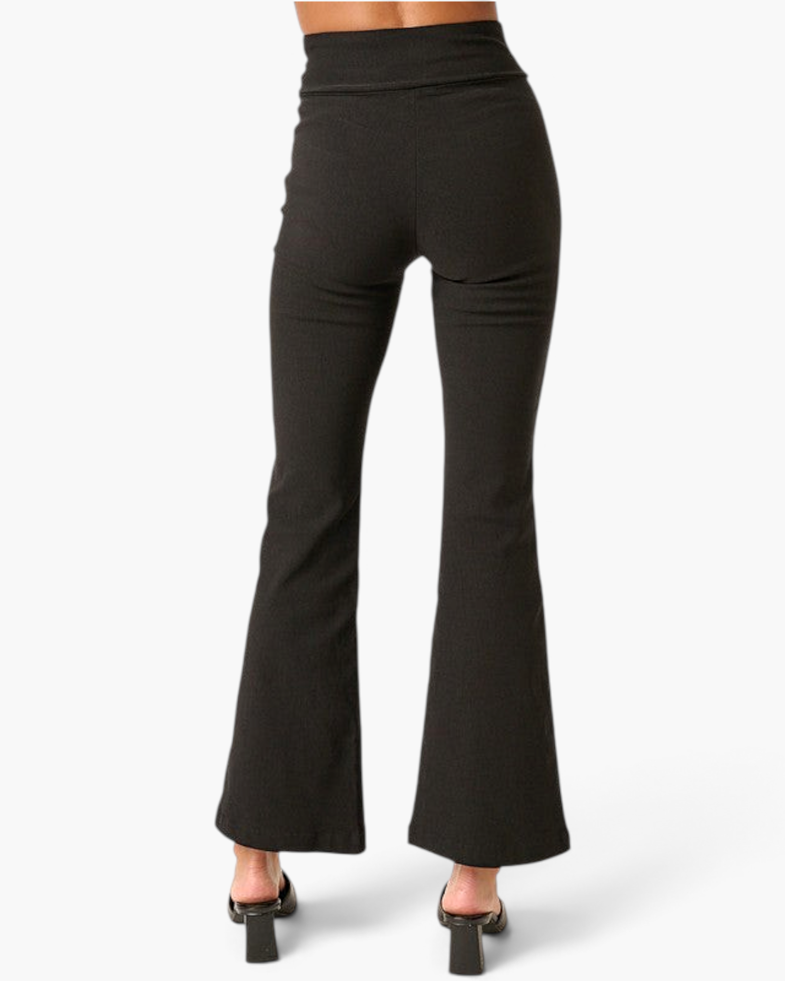 Beach Rose Co. black high-rise flare pants with a crossover V-waist, shown from the back on a model.