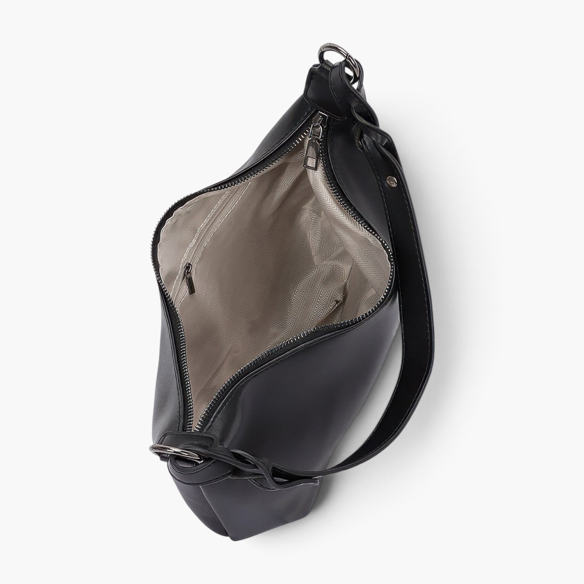 Beach Rose Co. black vegan leather shoulder bag with a faux strap design, silver hardware, and a zippered interior.