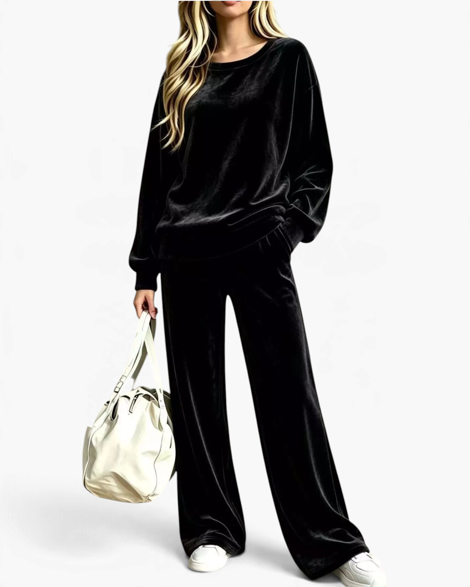 Beach Rose Co. black velour two-piece set with a relaxed crewneck top and wide leg pants, worn with a white bag.