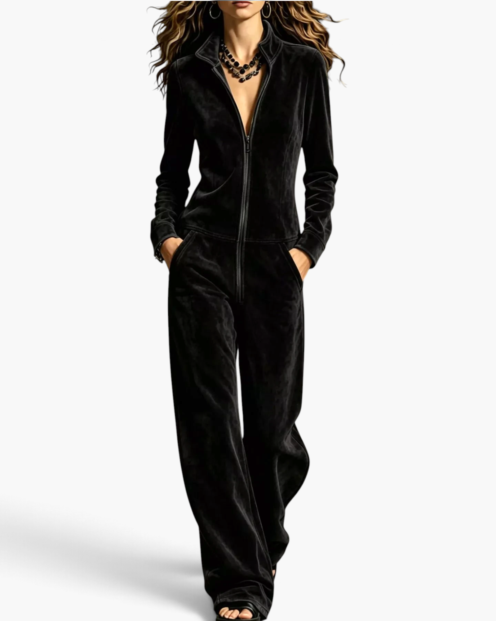 Beach Rose Co. black velour wide-leg jumpsuit with a stand collar, front zipper, and long sleeves.