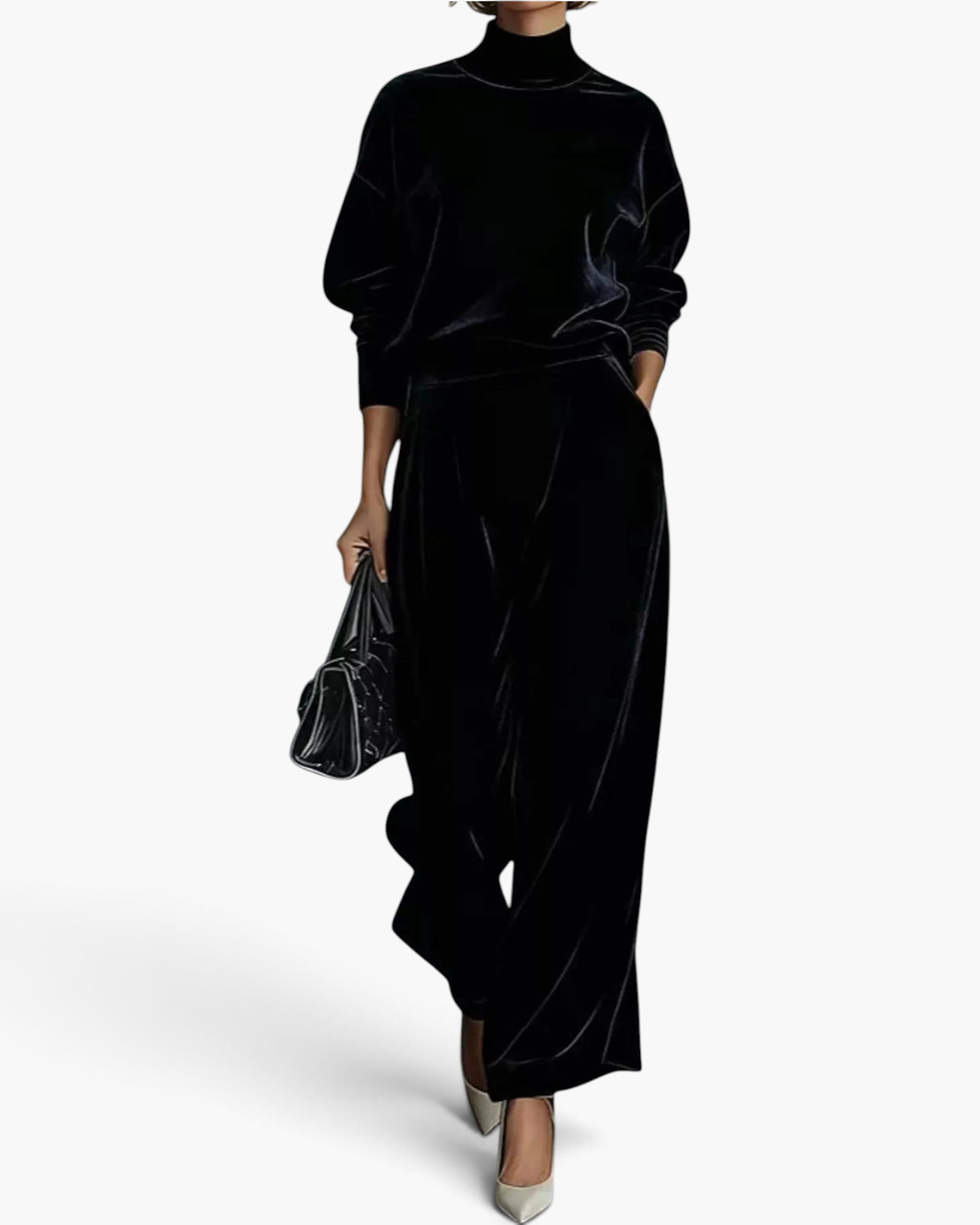 Beach Rose Co. black velvet two-piece set featuring a mock neck top and pleated wide leg pants with side pockets.