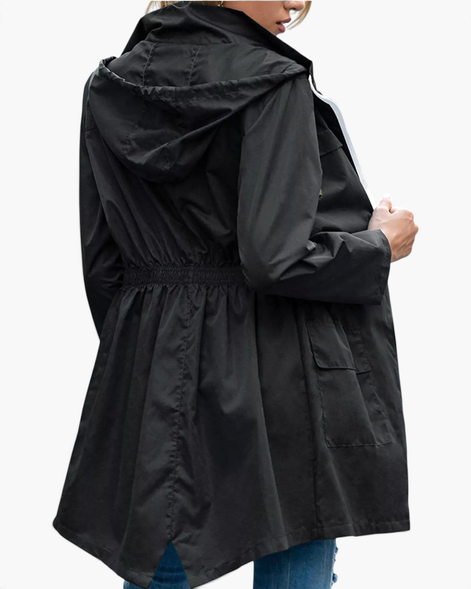 Beach Rose Co. black waterproof hooded rain jacket with a gathered waist, zip front, and flap pockets, back view.