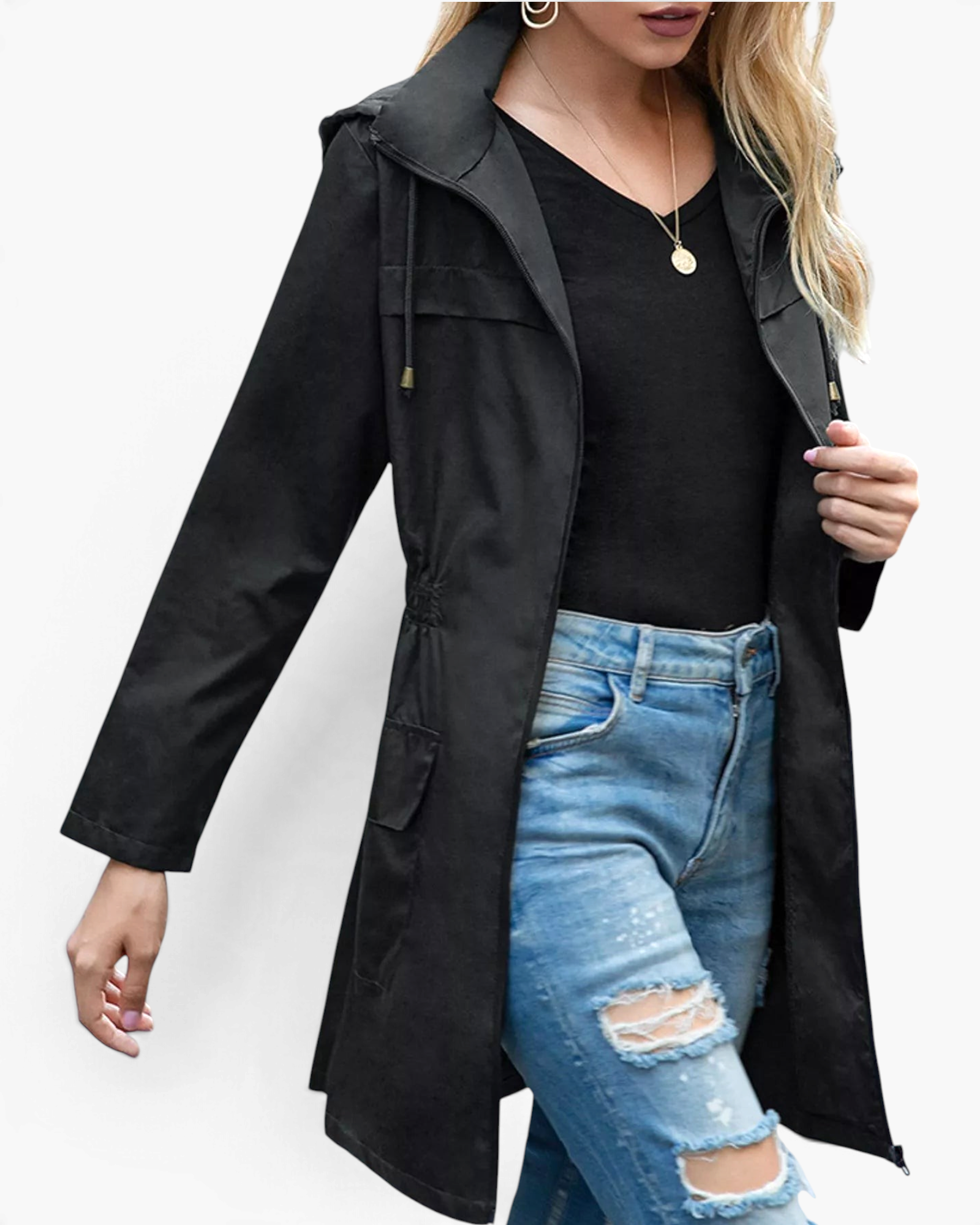 Beach Rose Co. black waterproof hooded rain jacket with zip front, drawstring hood, and gathered waist on a model.