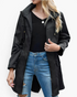 Beach Rose Co. black waterproof hooded rain jacket with a zip-front, drawstring hood, and flap pockets.