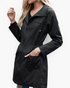 Beach Rose Co. black waterproof hooded rain jacket with a zip front, drawstring hood, and gathered waist detail.