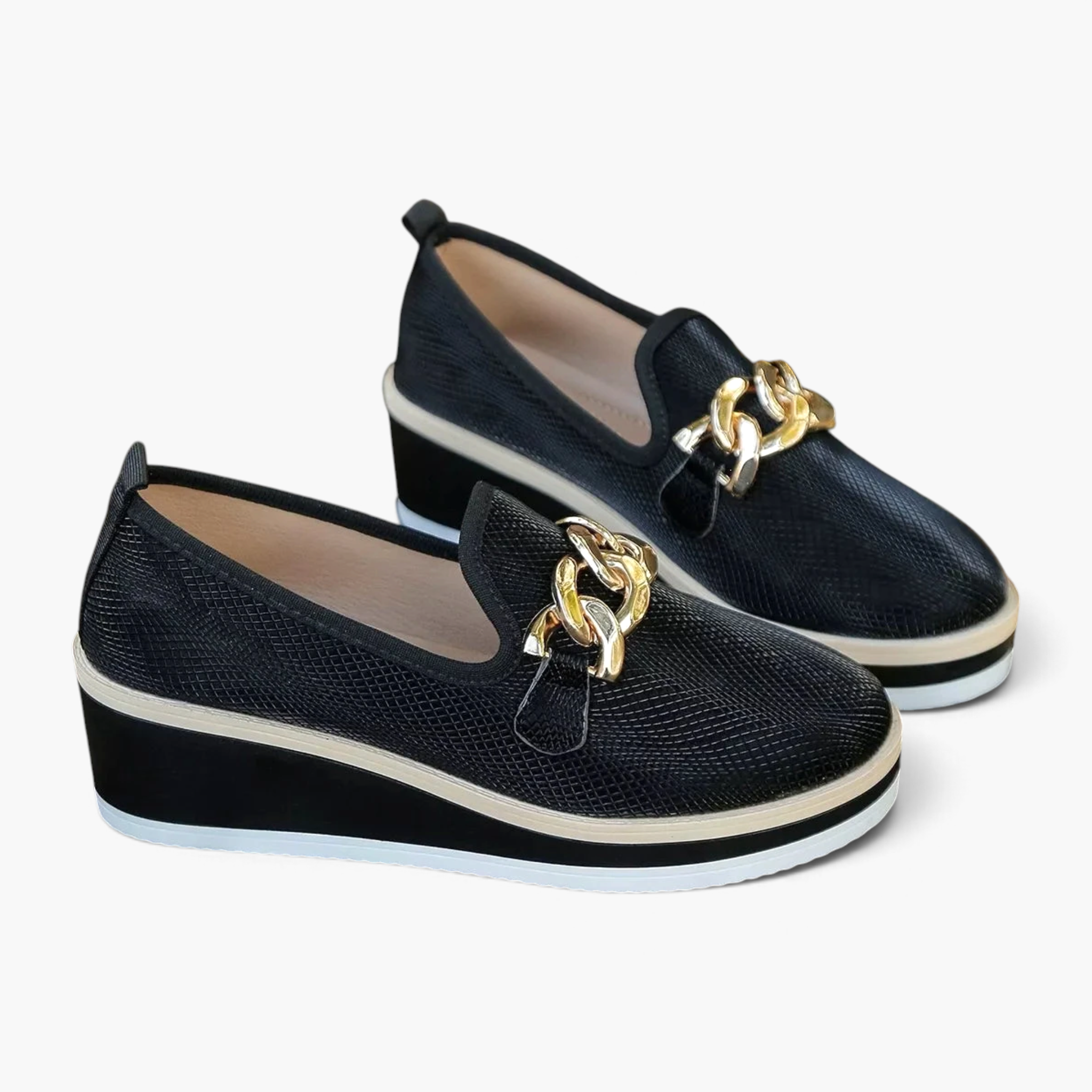 Beach Rose Co. black textured PU leather wedge loafers featuring a chunky gold-tone chain accent and a rounded toe.