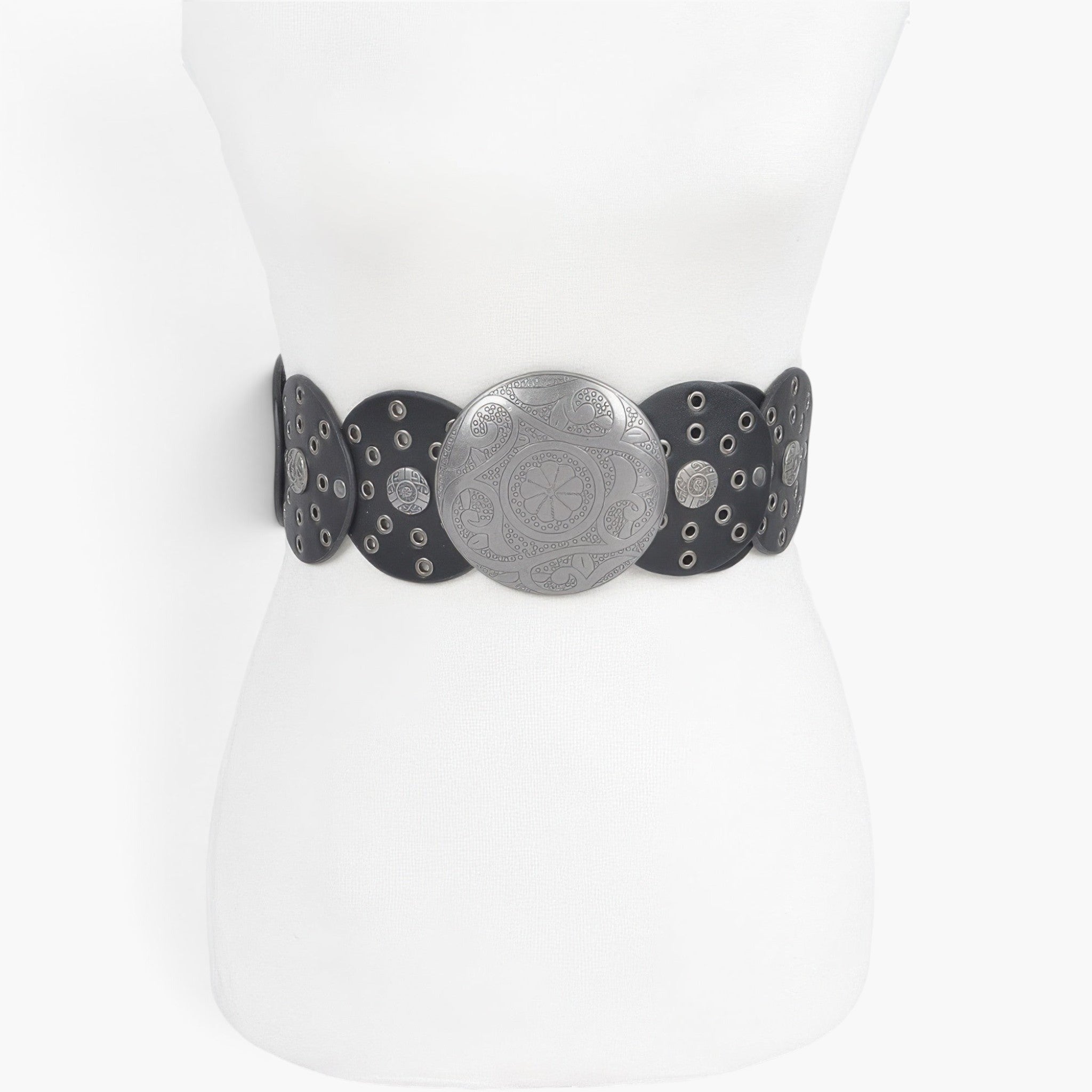 Beach Rose Co. black faux leather western belt featuring a large round engraved buckle and multi eyelet detailing.