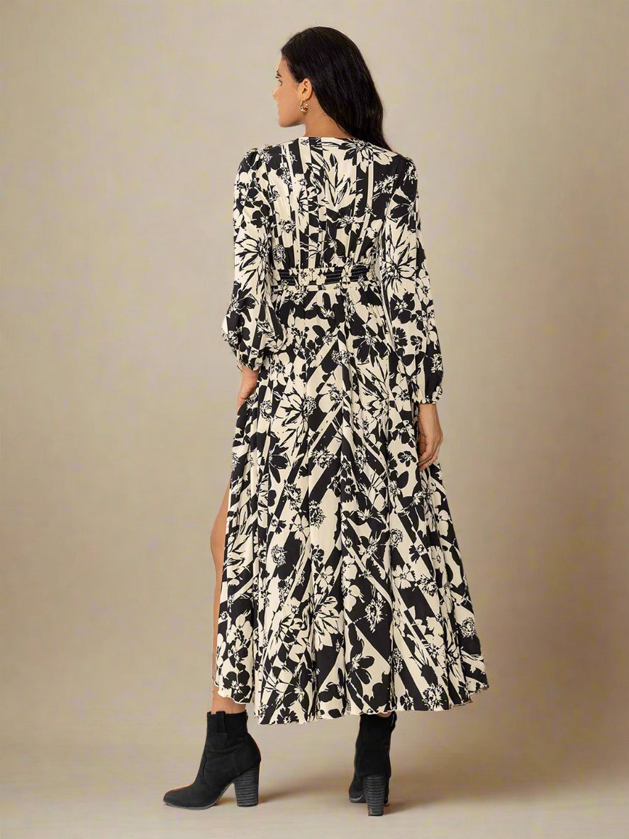 Beach Rose Co. - Black & White Floral Print Tassel Tie Waist Midi Dress