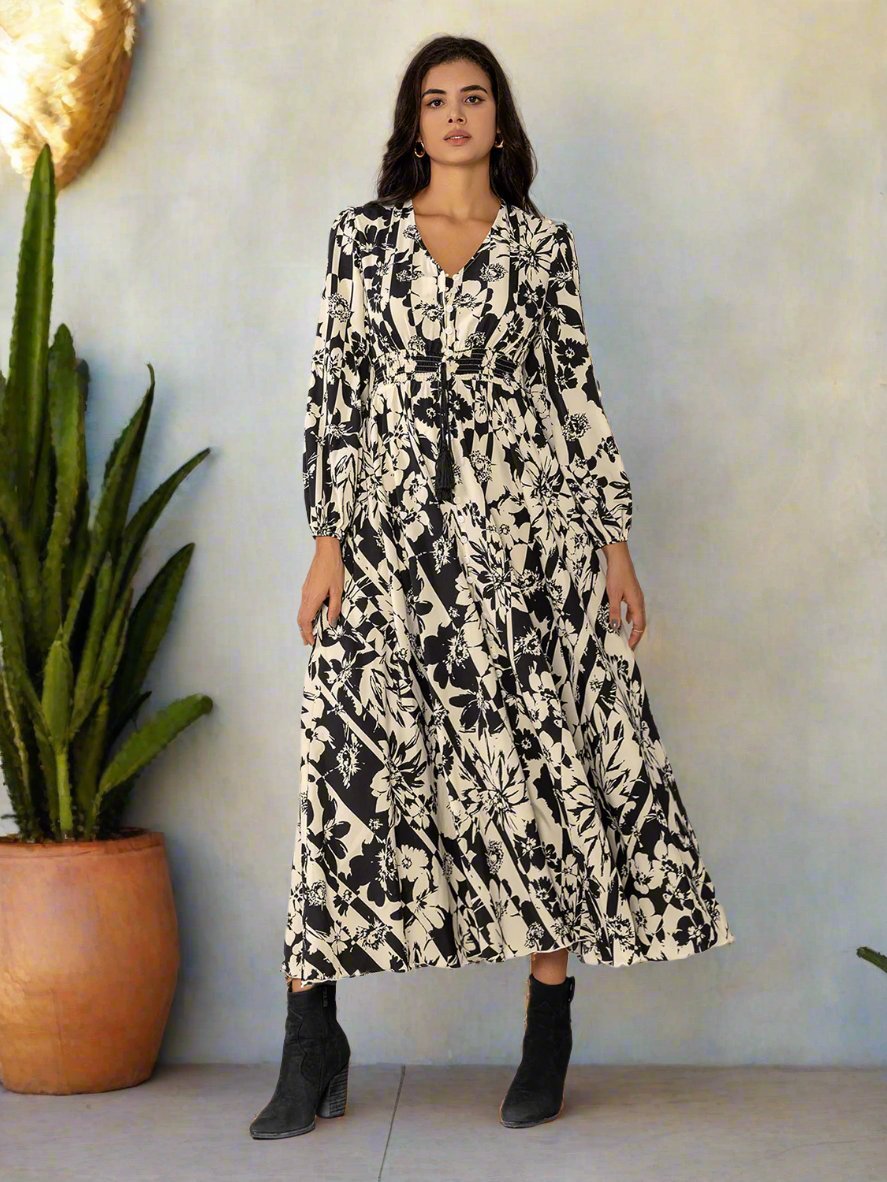 Beach Rose Co. - Black & White Floral Print Tassel Tie Waist Midi Dress