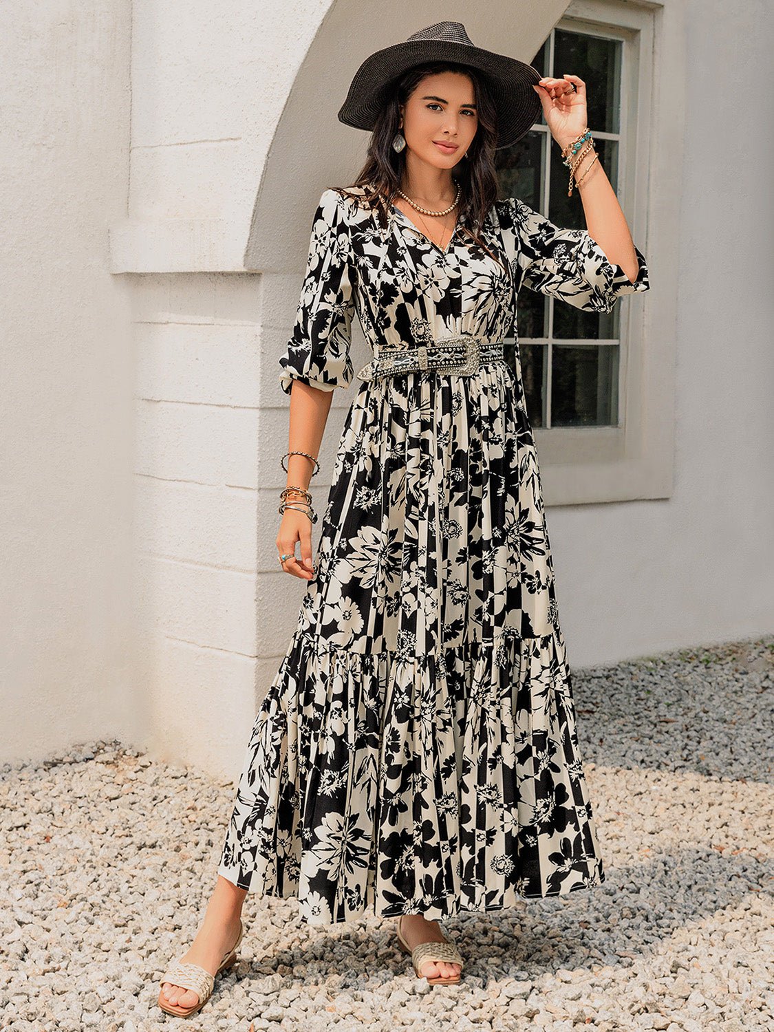 Beach Rose Co. - Black & White Floral Print Tie Neck Long Sleeve Maxi Dress