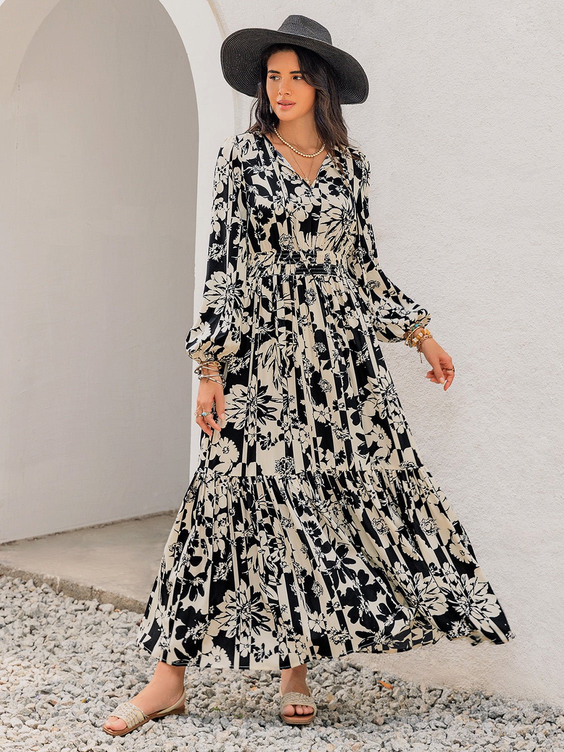 Beach Rose Co. - Black & White Floral Print Tie Neck Long Sleeve Maxi Dress