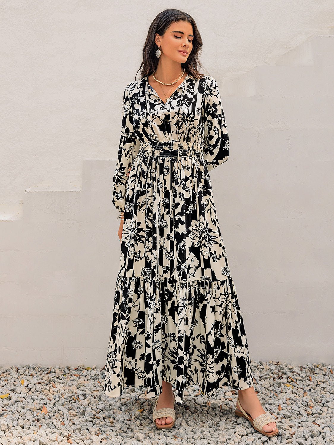 Beach Rose Co. - Black & White Floral Print Tie Neck Long Sleeve Maxi Dress