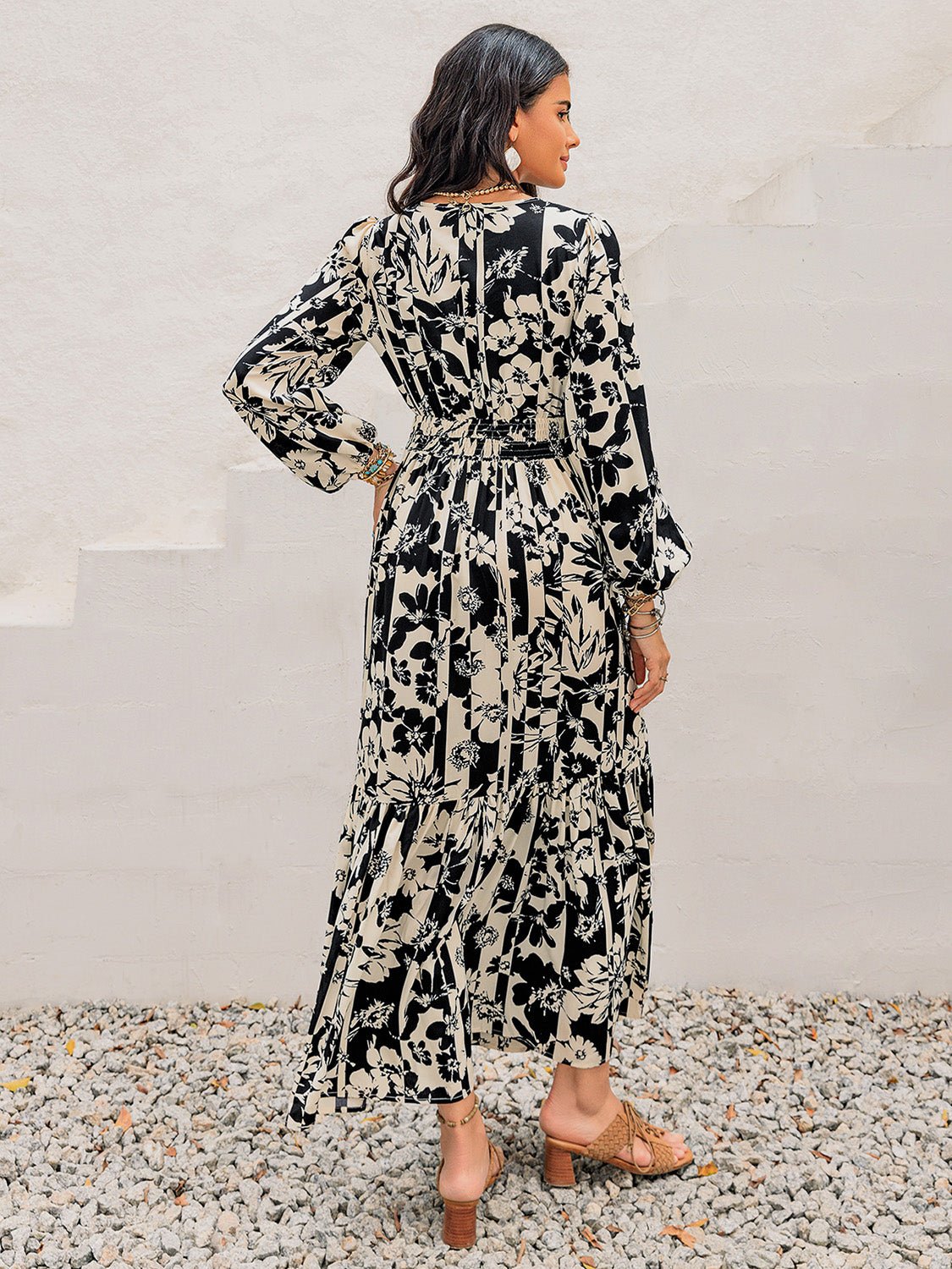 Beach Rose Co. - Black & White Floral Print Tie Neck Long Sleeve Maxi Dress