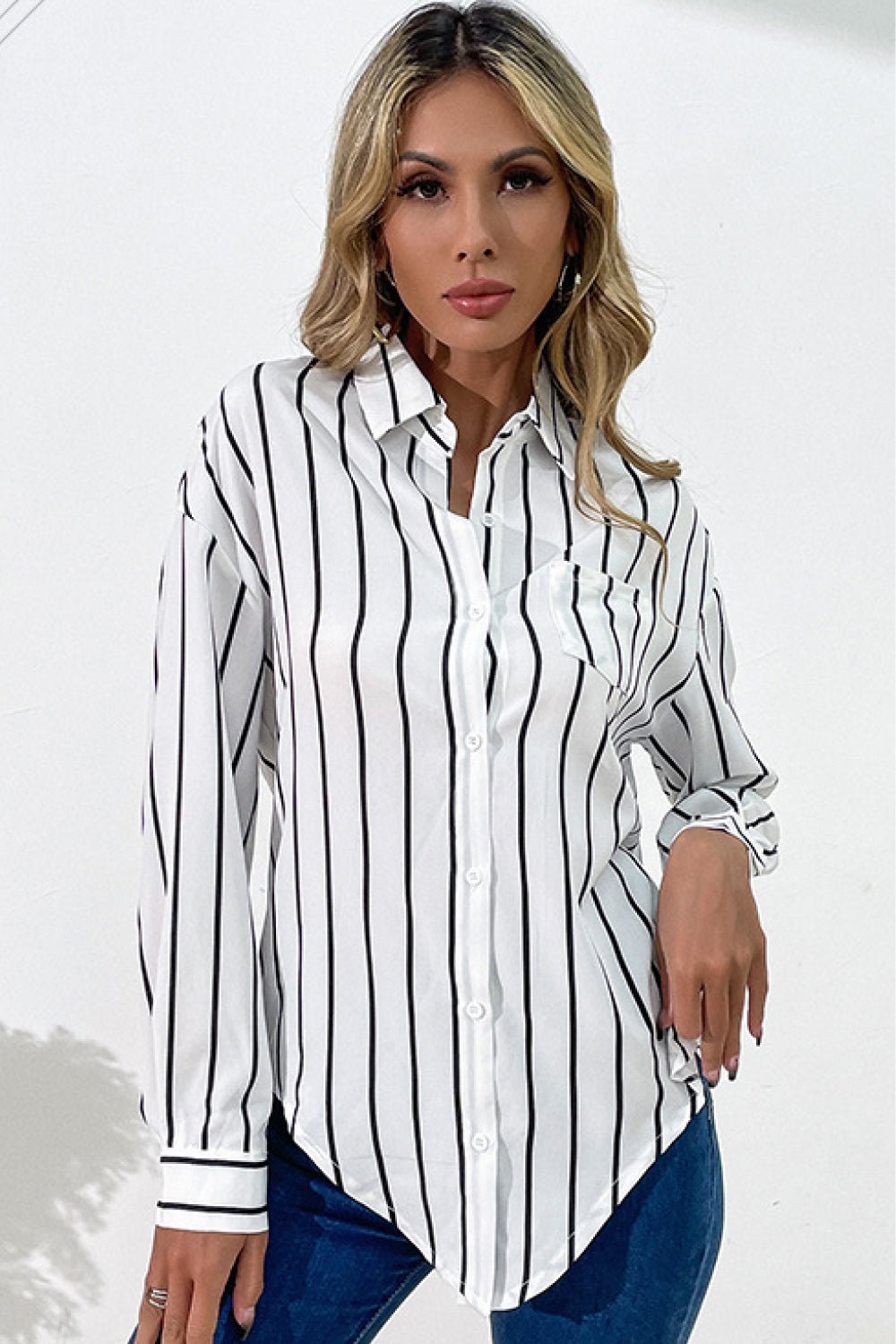 Beach Rose Co. - Black & White Vertical Stripes Button Down Shirt