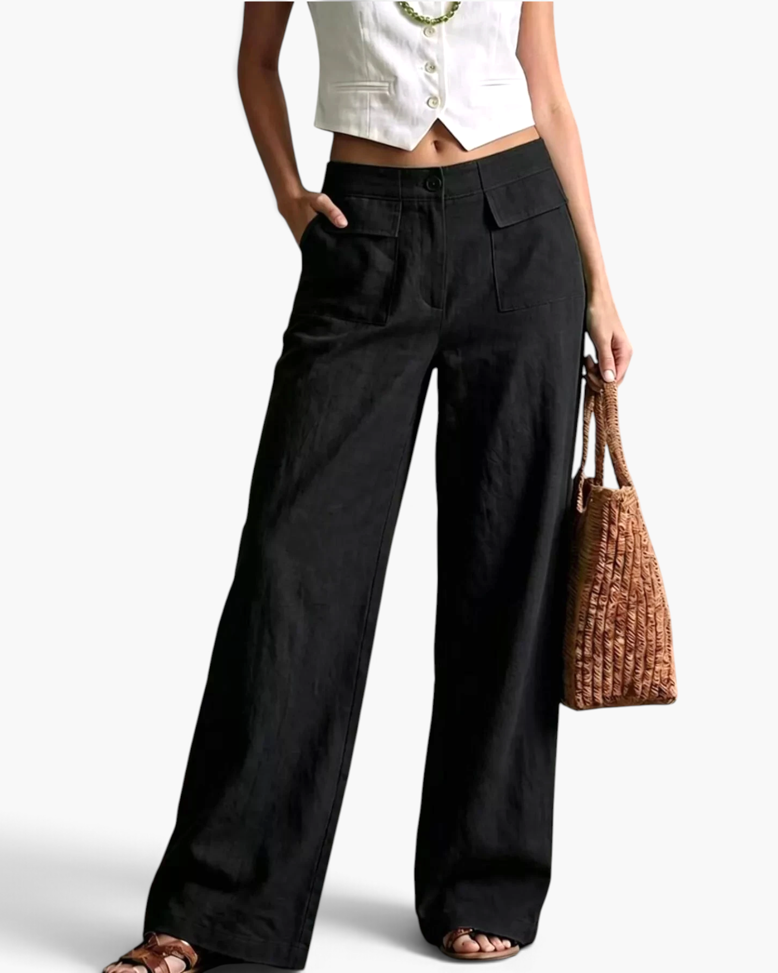 Beach Rose Co. black wide-leg cotton blend pants featuring oversized front flap pockets and a flat front waistband.
