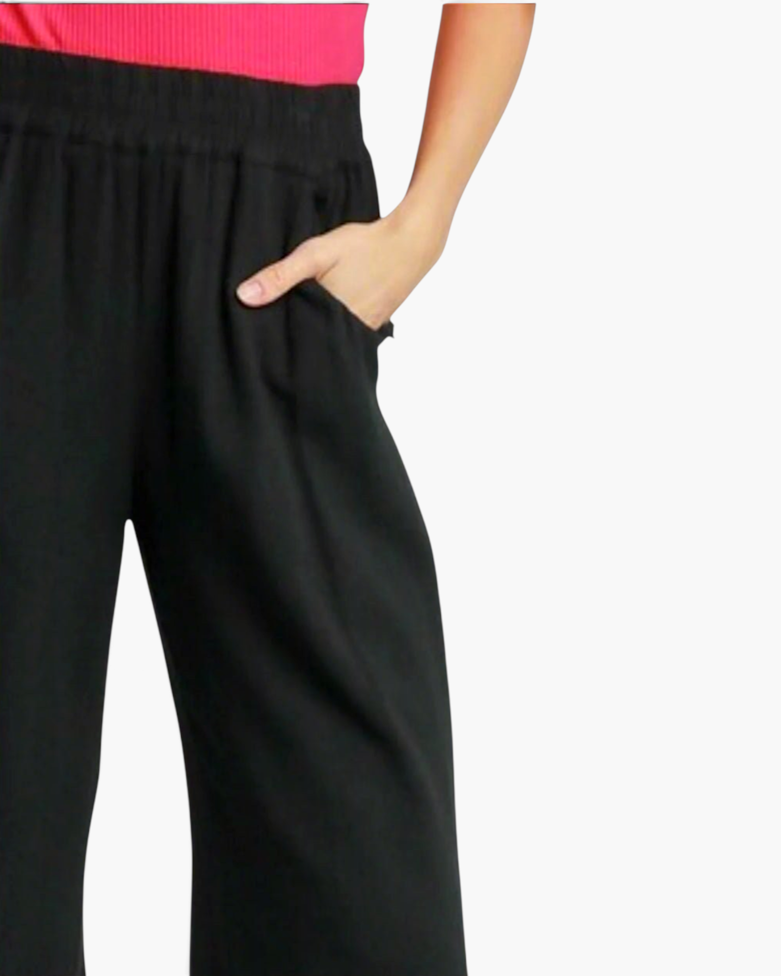 Beach Rose Co. black wide-leg pants in a linen-cotton blend with an elastic waistband and side pockets