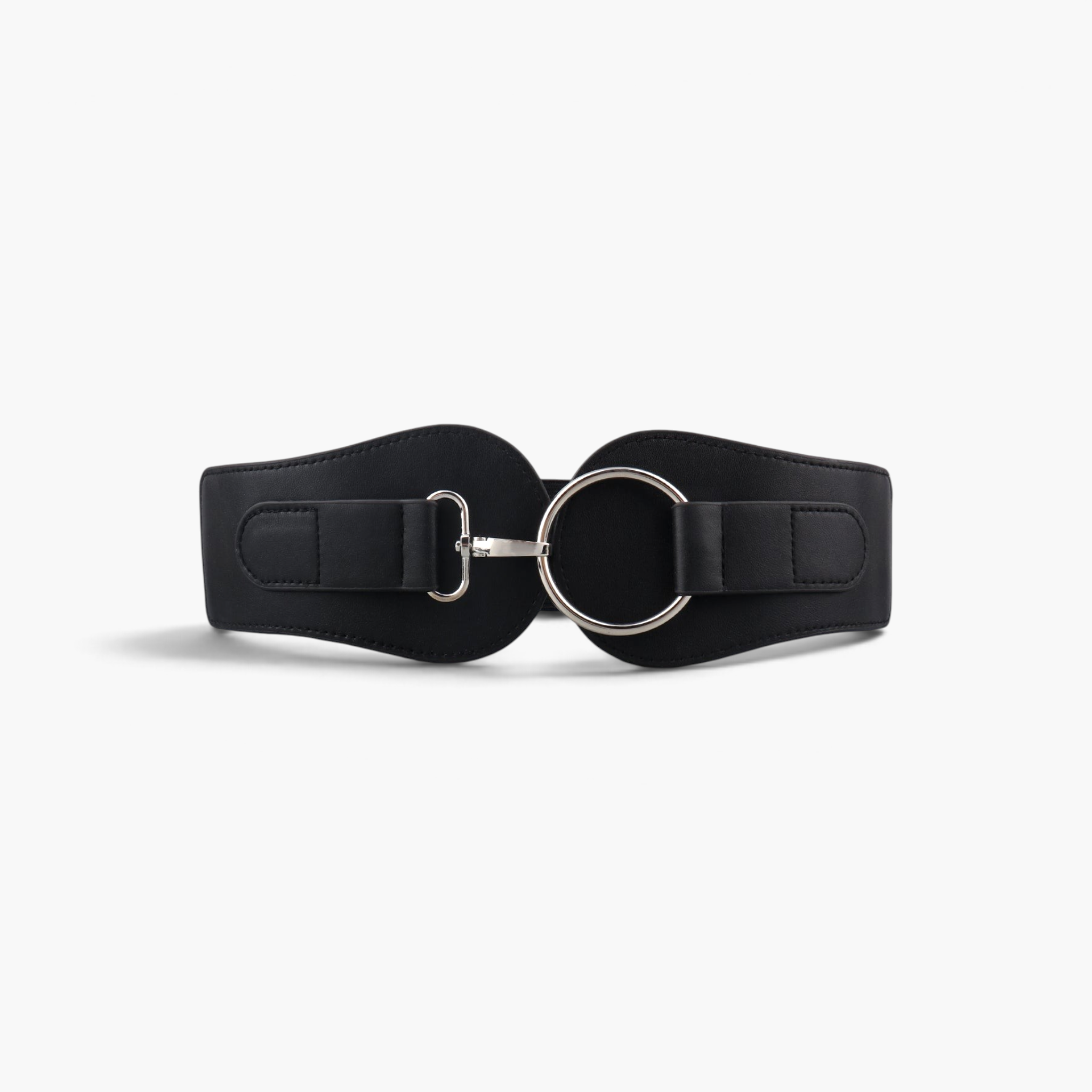 Beach Rose Co. wide black waist belt with contoured PU panels, elastic back, and a silver-tone ring buckle closure.