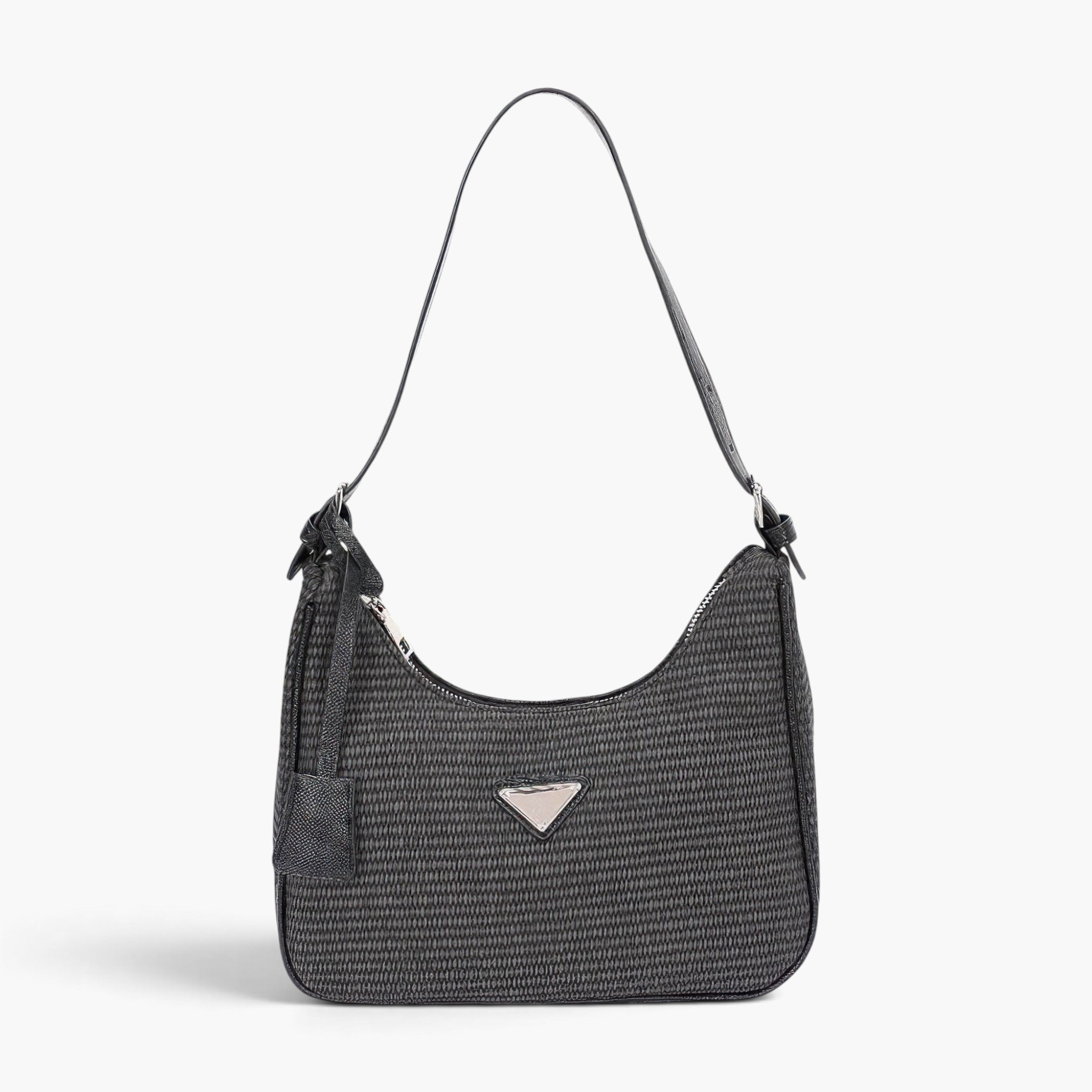 Beach Rose Co. black faux leather shoulder bag with a woven texture and distinctive triangle hardware detail.