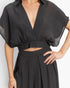 Beach Rose Co. black cotton-blend two-piece set with a collared cropped wrap top and pleated wide-leg pants