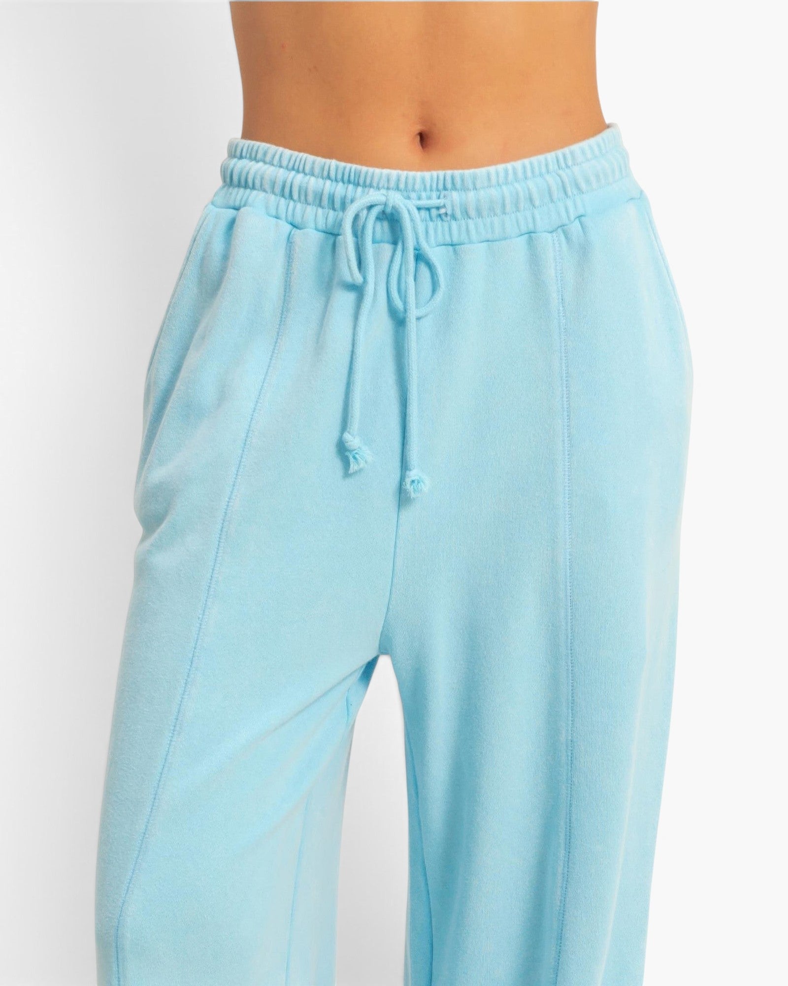 Beach Rose Co. light blue acid wash French terry wide-leg pants with a high-rise elastic drawstring waistband.