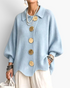 Beach Rose Co. light blue ribbed knit cardigan with oversized gold buttons, balloon sleeves, and a scalloped hem.