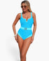 Beach Rose Co. blue one-piece swimsuit with a notched neckline, metal buckle belt, and flattering color block design.
