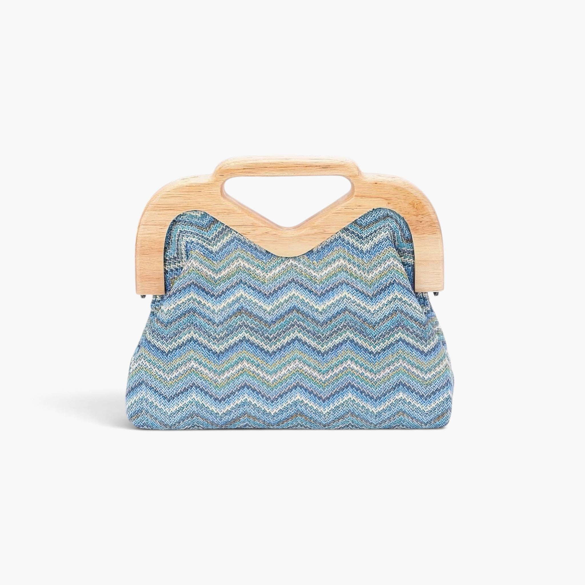 Beach Rose Co. faux straw clutch with a blue chevron pattern and a natural wooden frame for a chic, modern look.