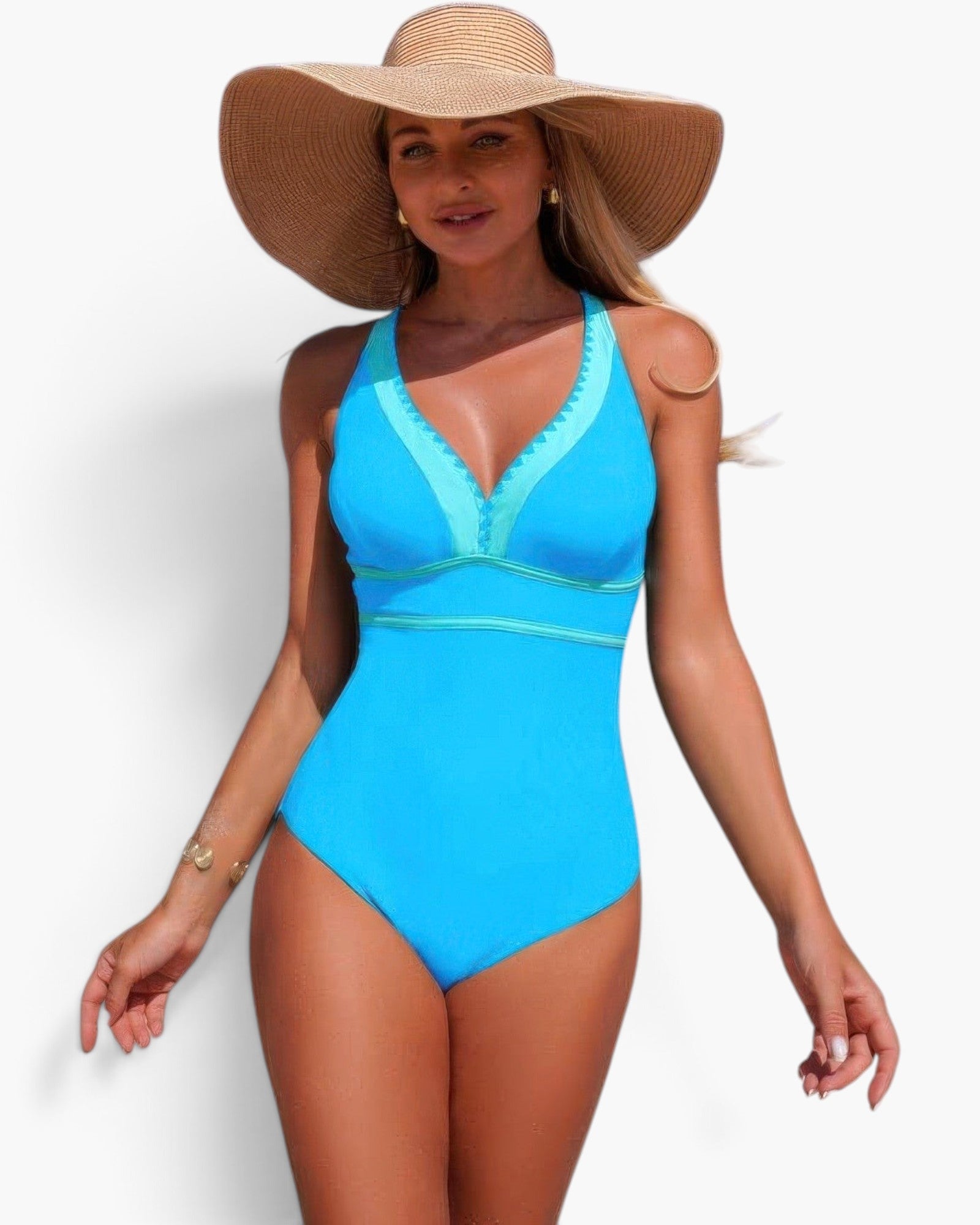 Beach Rose Co. blue color block one-piece swimsuit with a V-neckline and stretch fabric worn by a woman with a sun hat.
