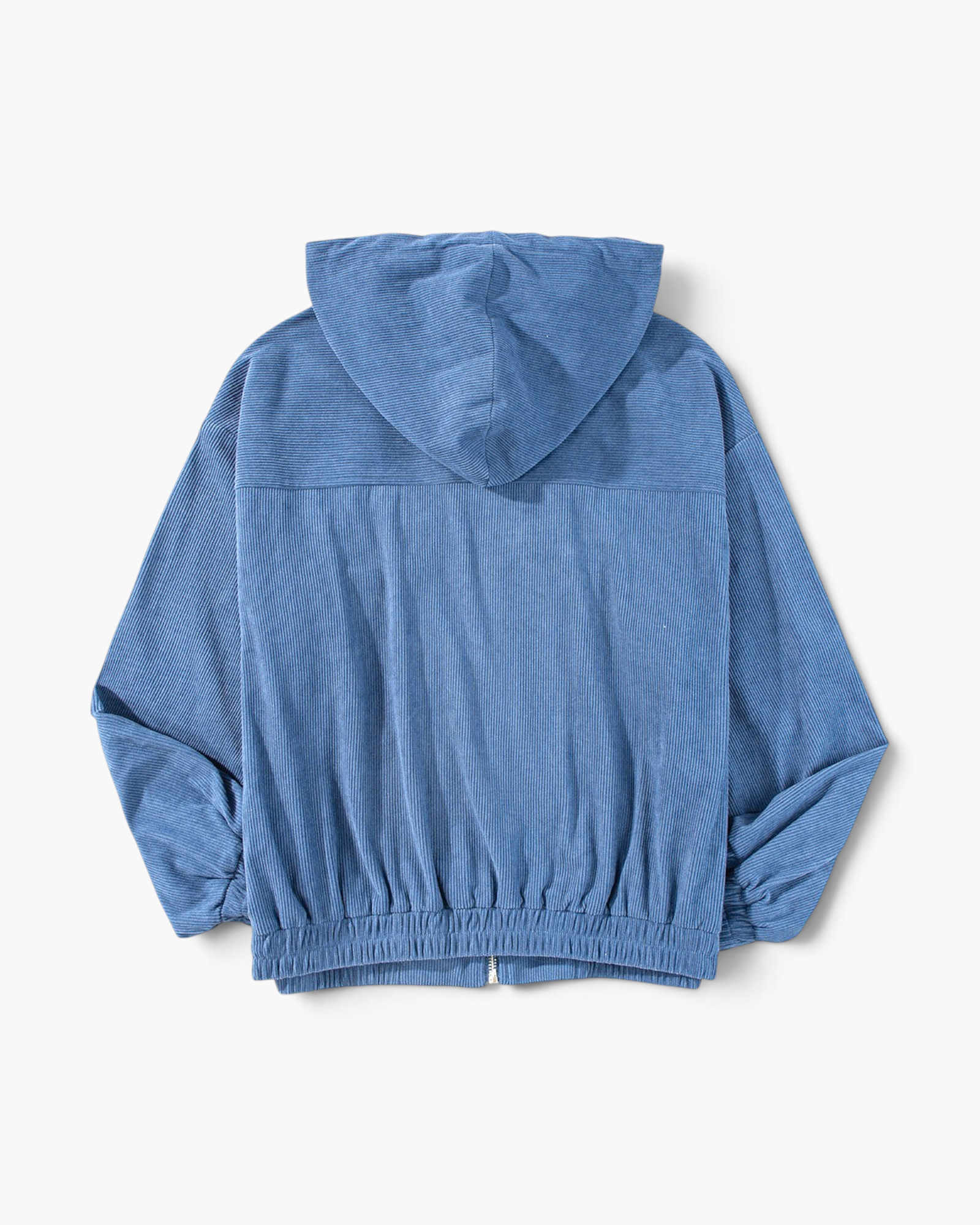 Beach Rose Co. blue corduroy hooded jacket with a drawstring hood and elastic hem, back view