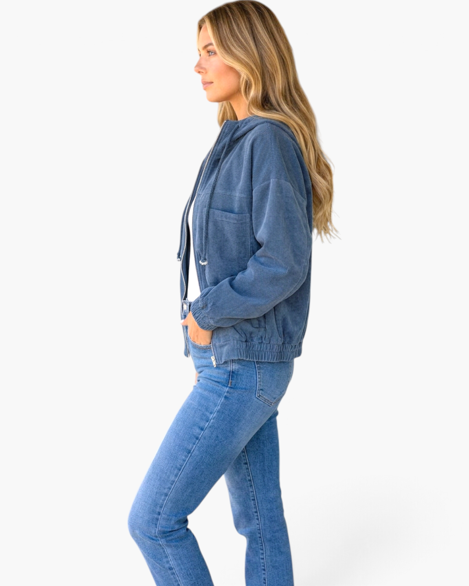 Beach Rose Co. blue corduroy zip-front hooded jacket with chest pocket worn by a model in profile view.