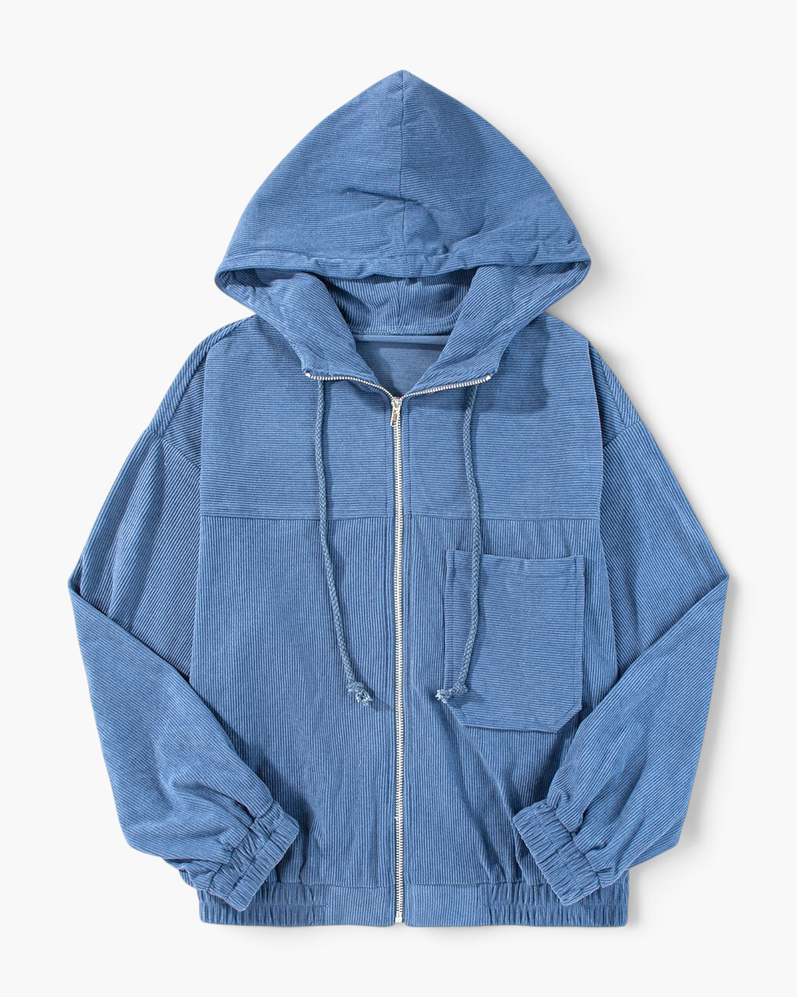 Beach Rose Co. blue corduroy zip-front hooded jacket with a chest pocket and elastic cuffs on a white background.