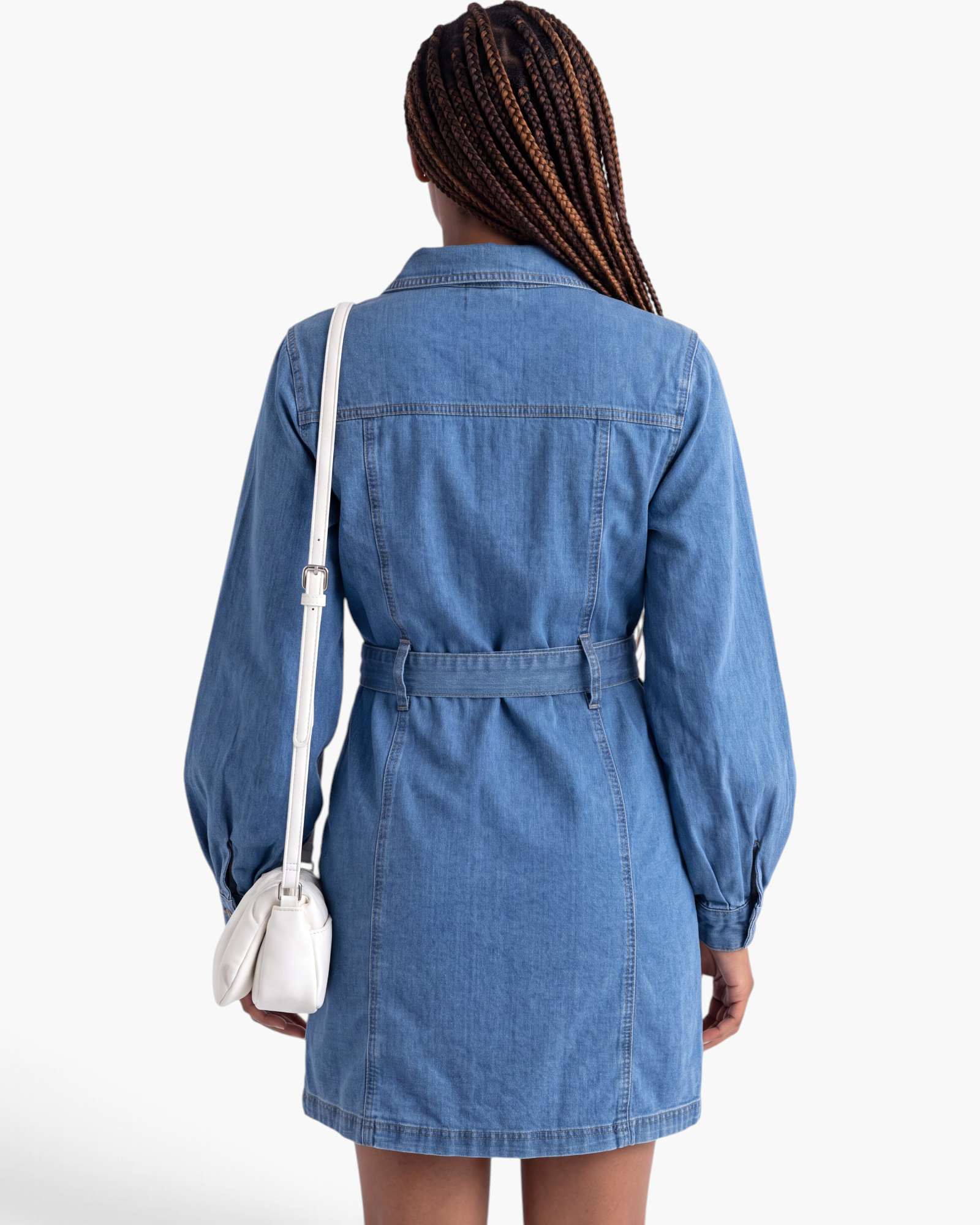 Beach Rose Co. blue denim-look shirt dress with long sleeves, a belted waist, and back view.