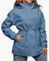 Beach Rose Co. blue hooded jacket with a drawstring waist, zip front, snap placket, and side pockets.