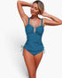 Beach Rose Co. blue two-piece tankini set with padded top, adjustable drawstring sides, and supportive stretch fabric.