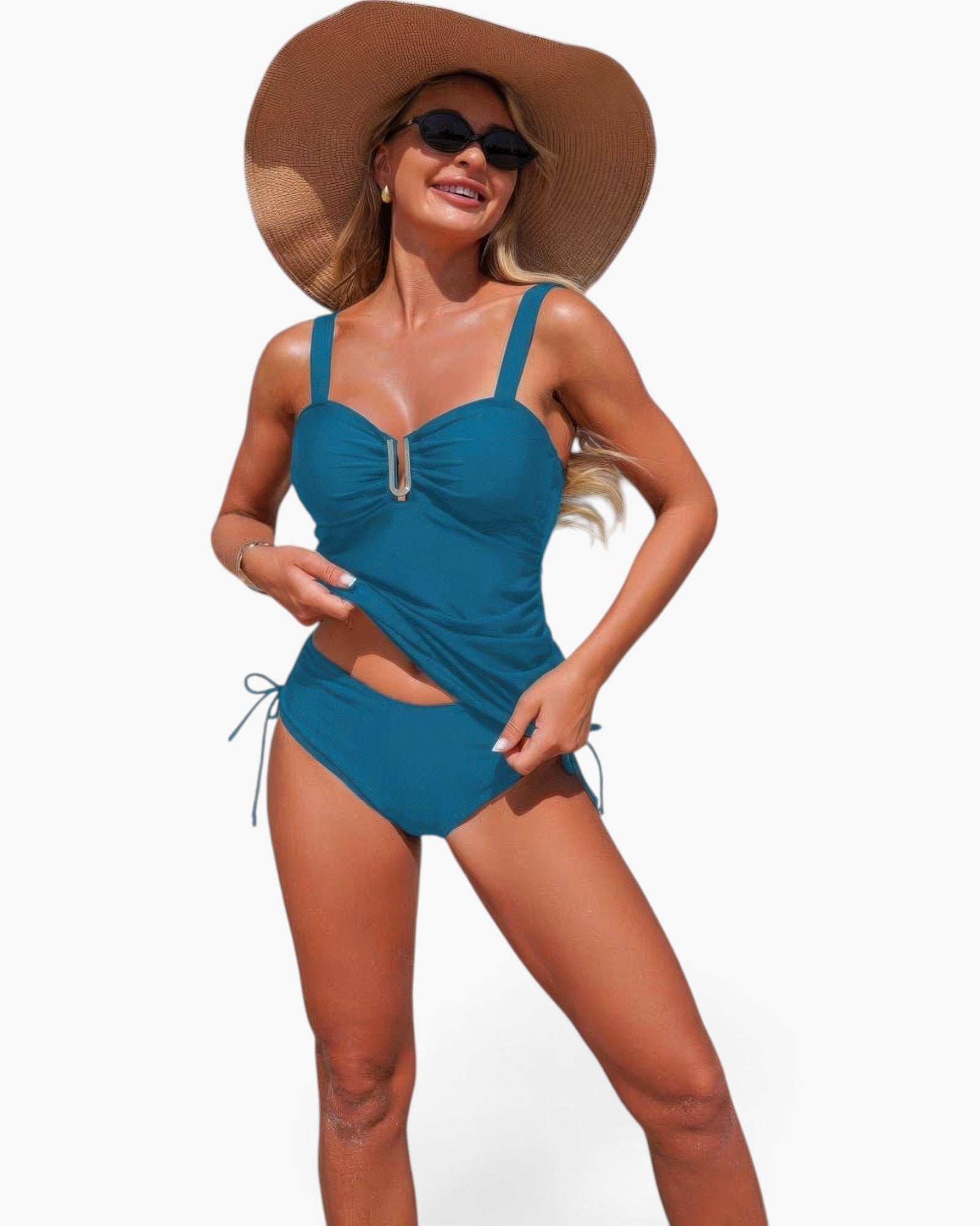 Beach Rose Co. blue two-piece tankini set with padded top, adjustable drawstring detail, and matching bikini bottoms.