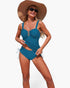 Beach Rose Co. blue two-piece tankini set with padded top, adjustable drawstring detail, and matching bikini bottoms.
