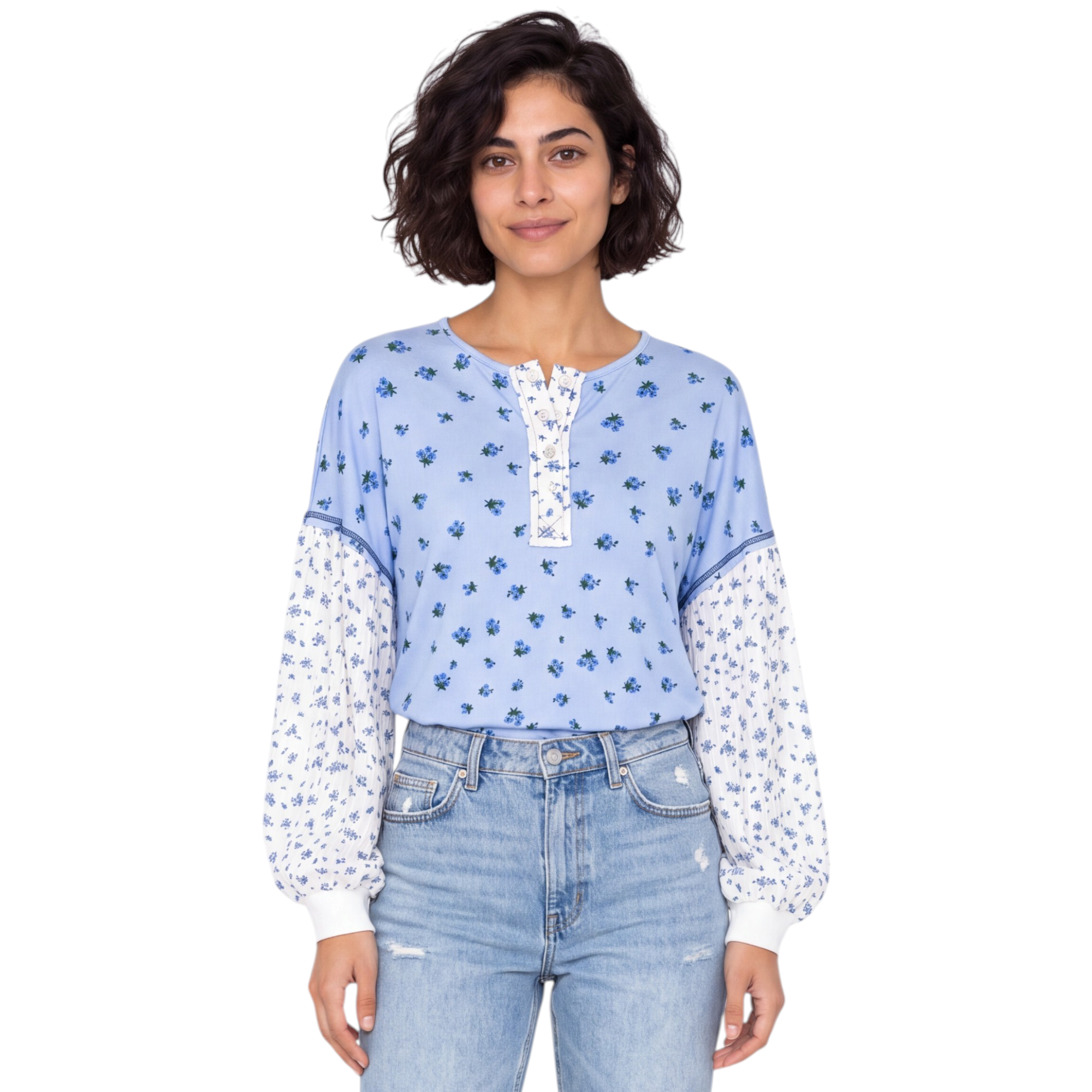 Beach Rose Co. blue floral print long sleeve top with buttoned contrast sleeves and a relaxed fit.