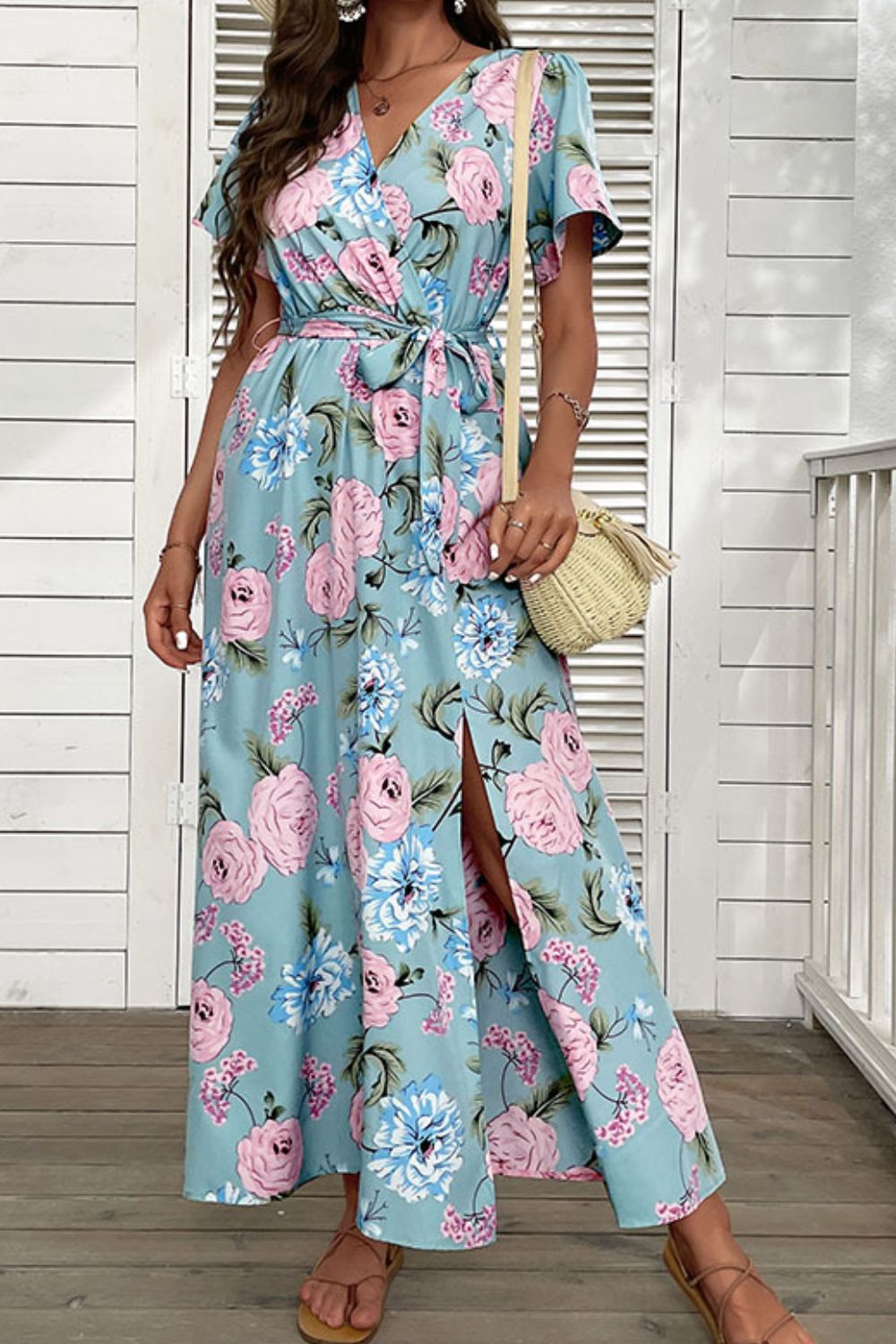 Beach Rose Co. - Blue Floral Maxi Wrap Dress